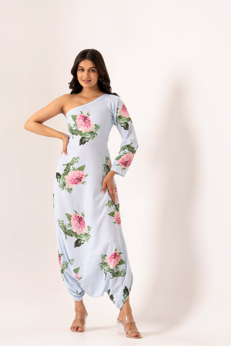 Striped One-Shoulder Dhoti Jumpsuit
