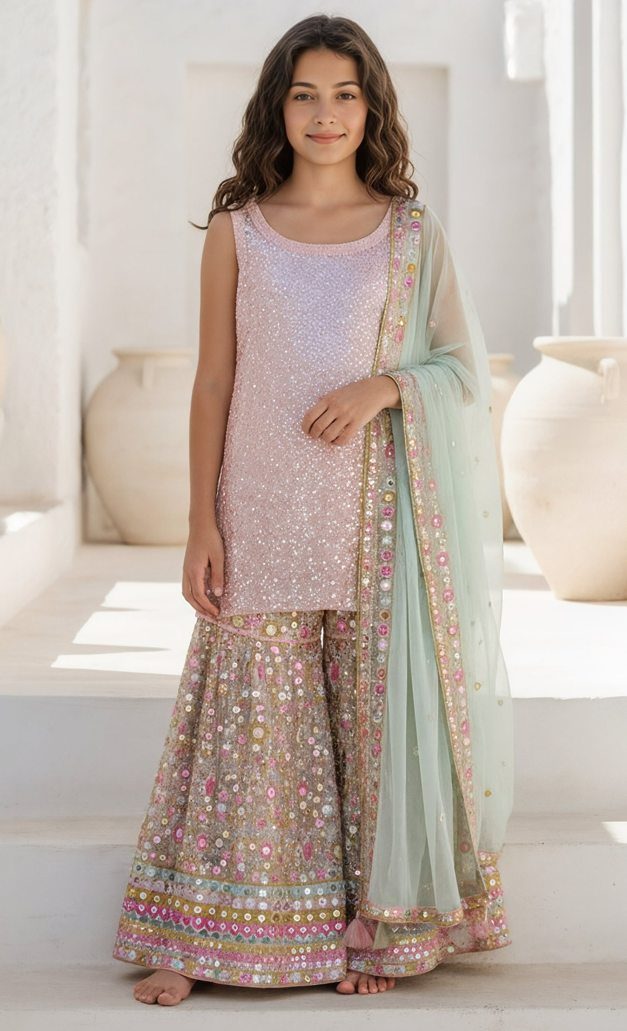 Peach Embroidered Kurta Sharara Set