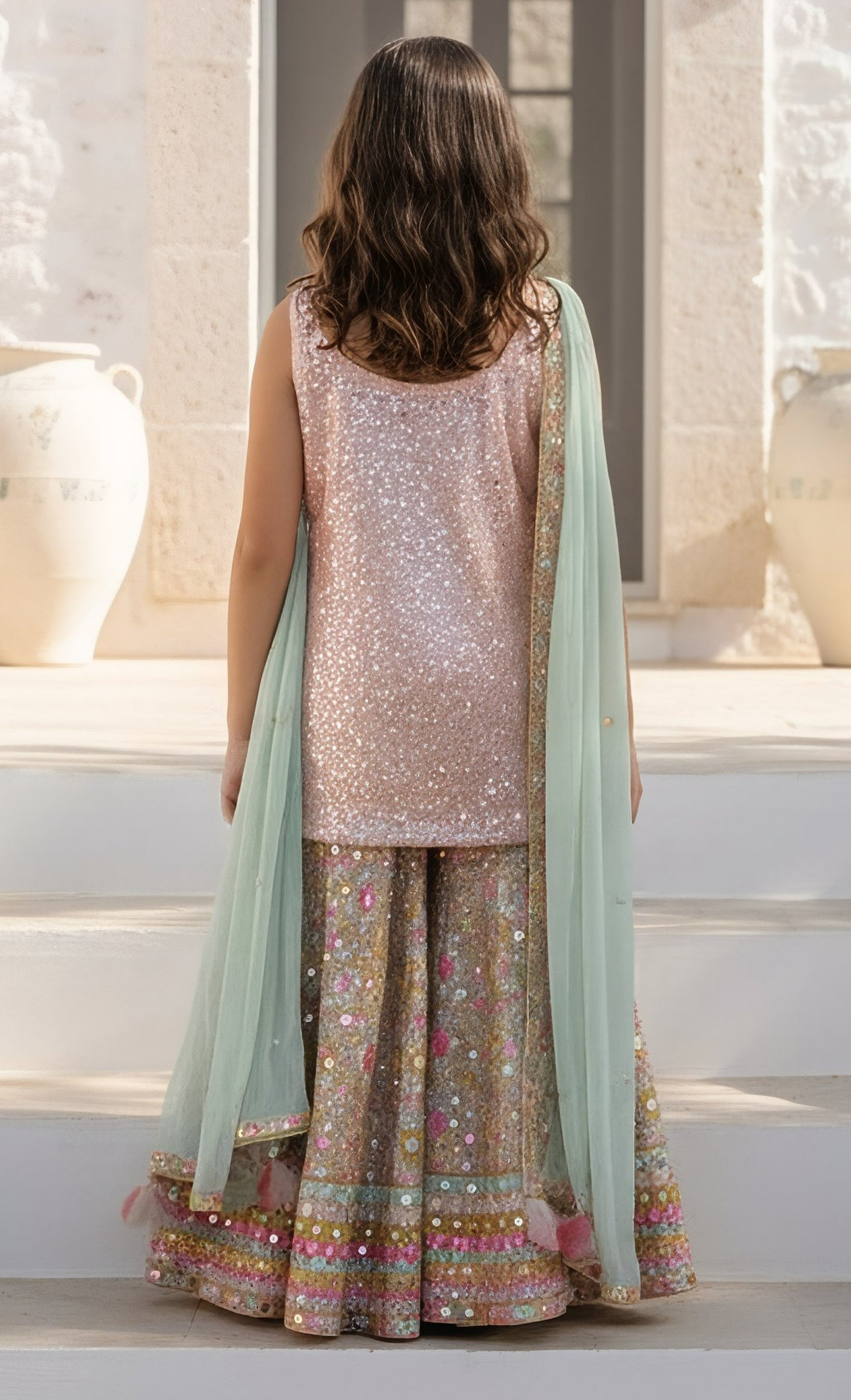 Peach Embroidered Kurta Sharara Set