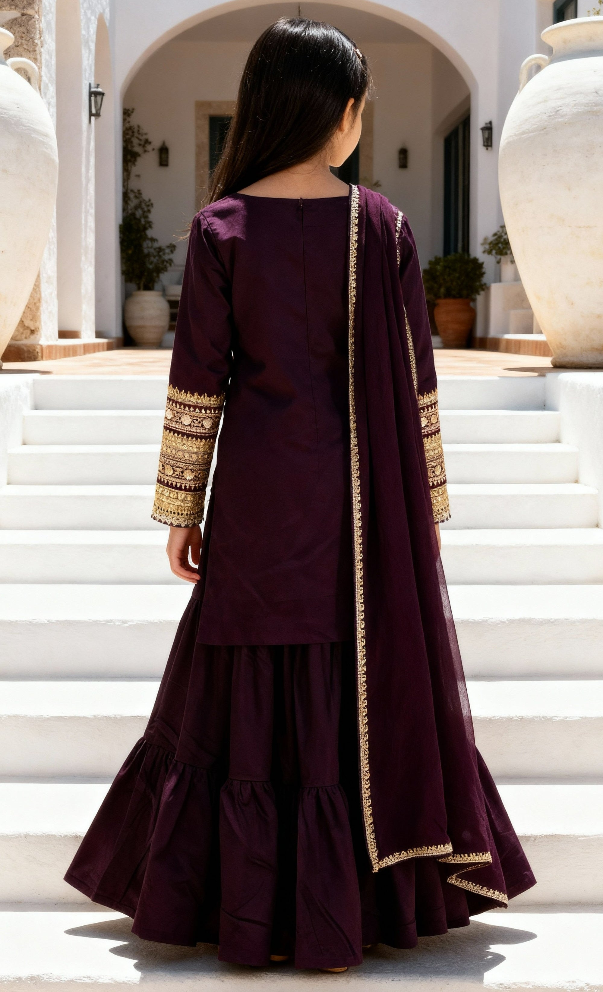 Burgundy Velvet Kurti Sharara Set