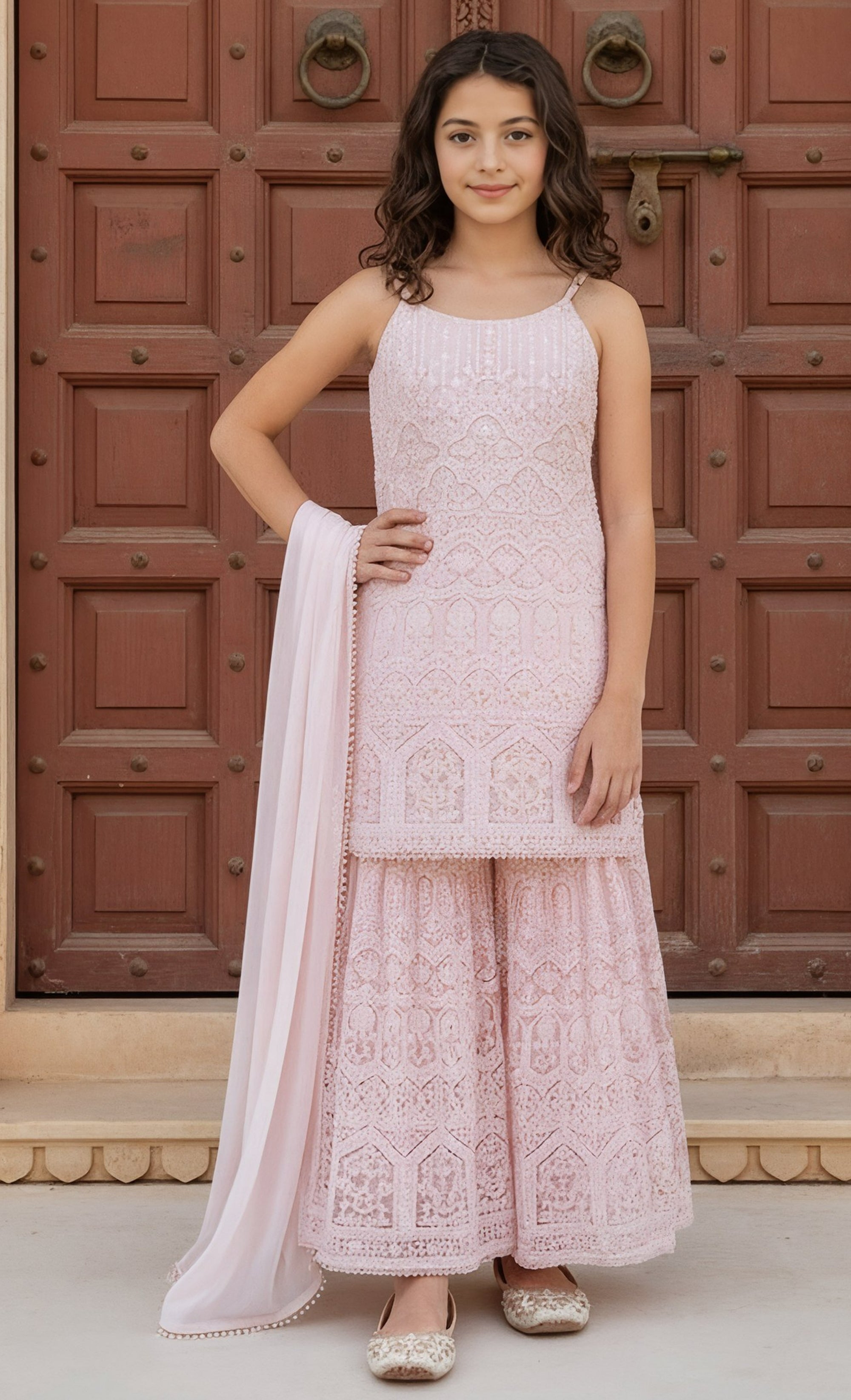 Peach Embroidered Kurti Sharara Set
