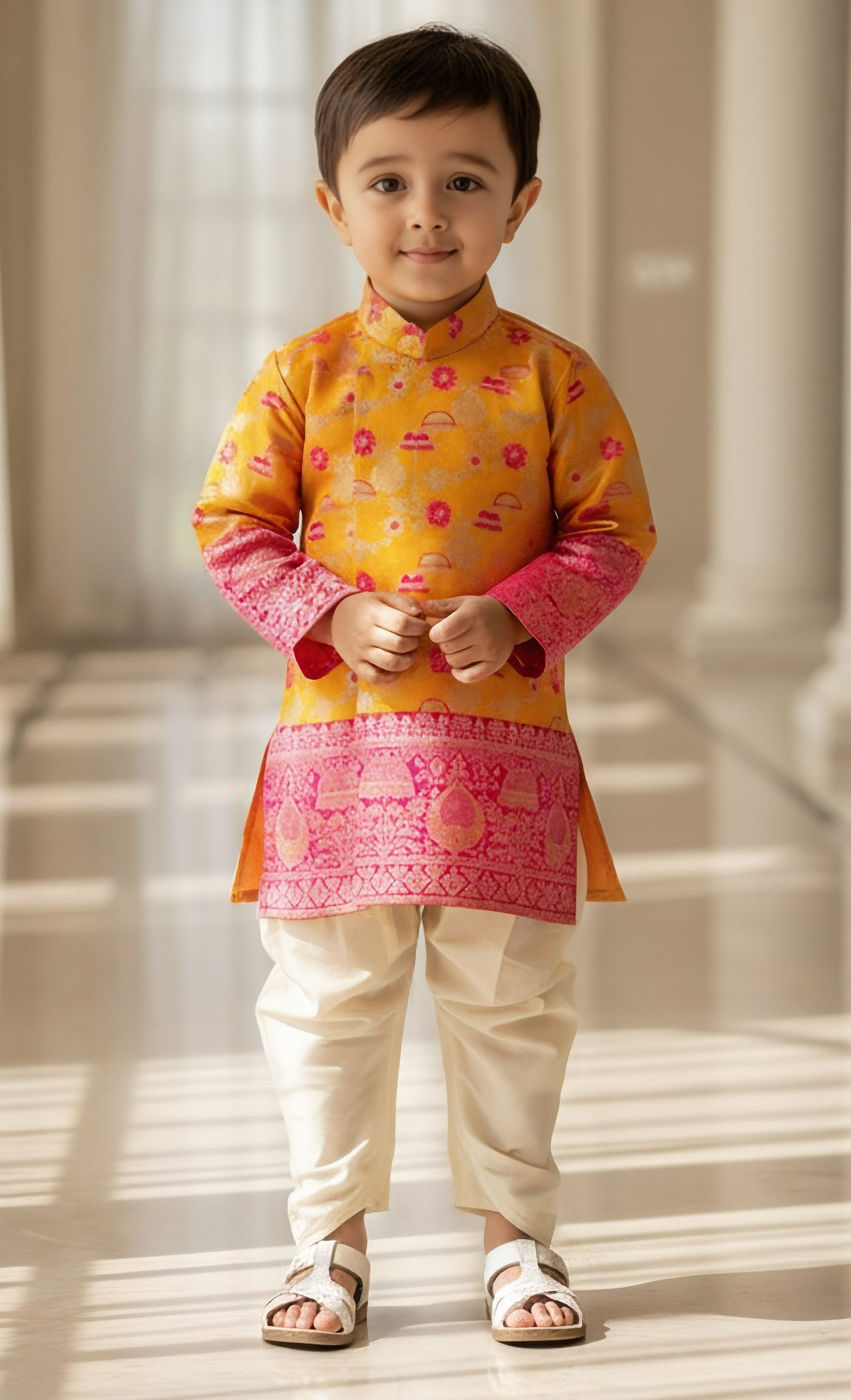 Orange Brocade Kurta with Dhoti