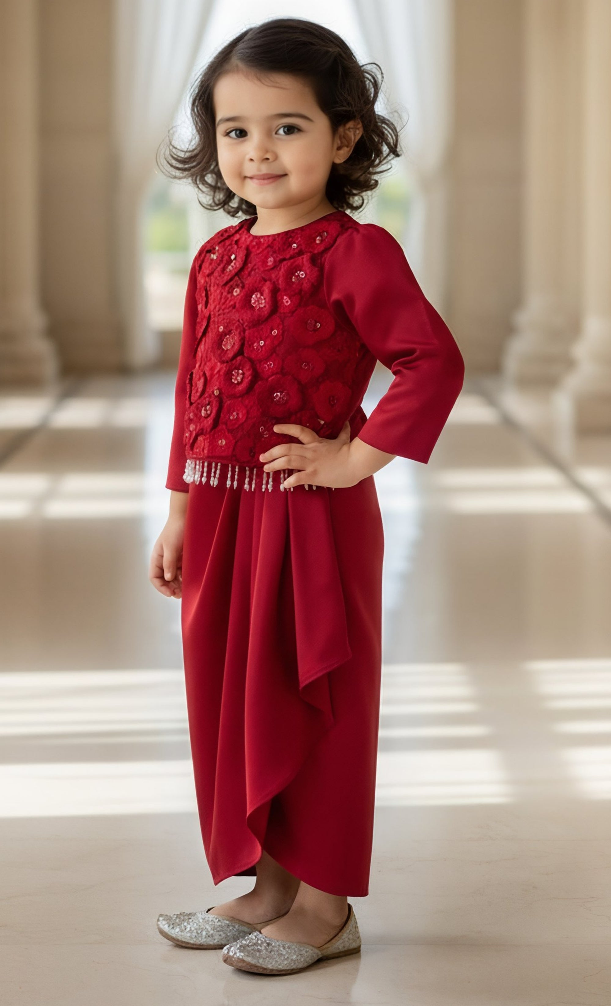 Red Embroidered Top with Dhoti