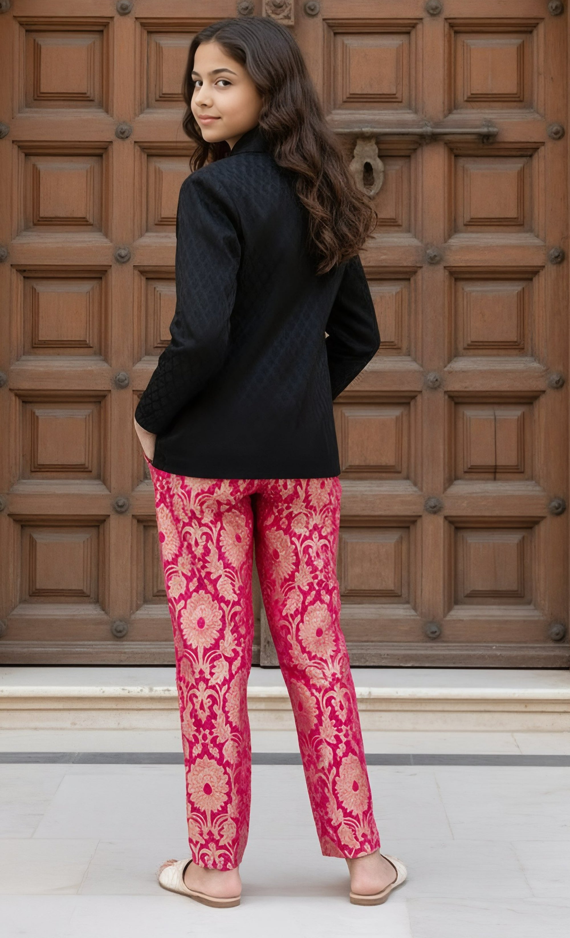 Pink Broacde Crop Top with Pant & Coat