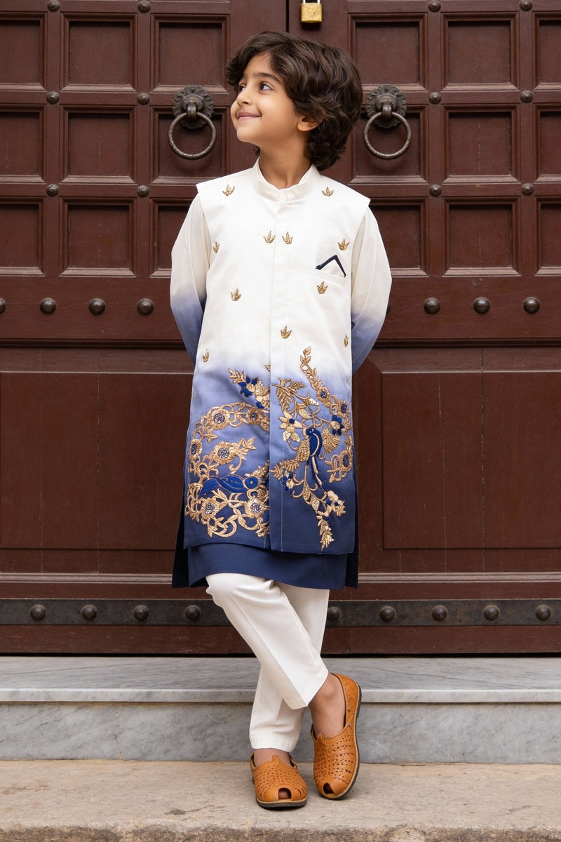 Blue Ombre Embroidered Nehru Jacket Set