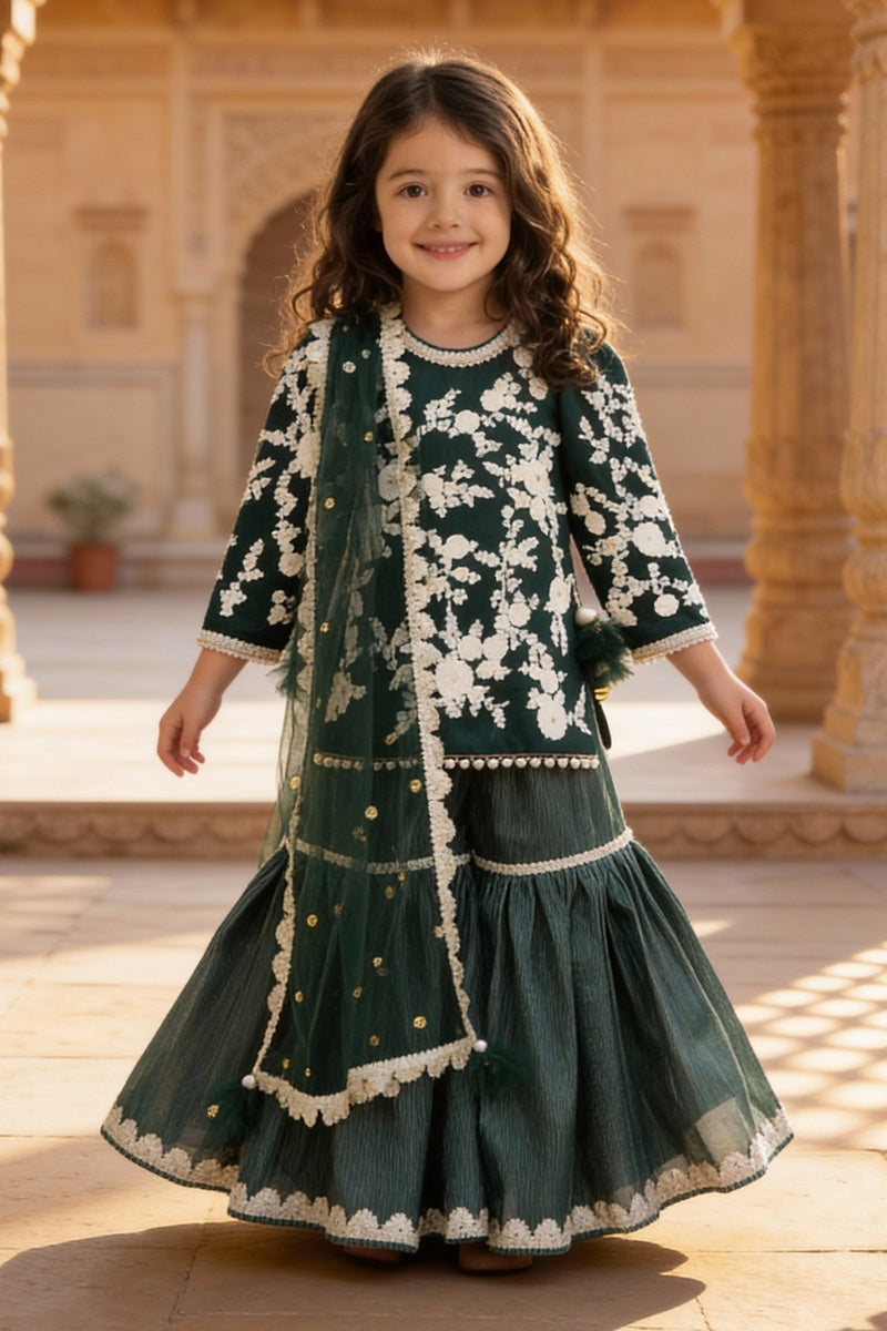 Green Embroidered Kurti Sharara set
