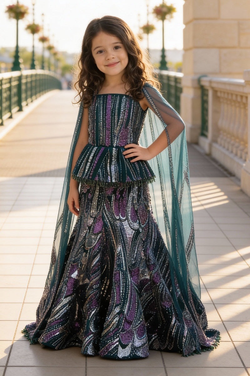 Green Peplum Cut Dana Top with Lehenga Set