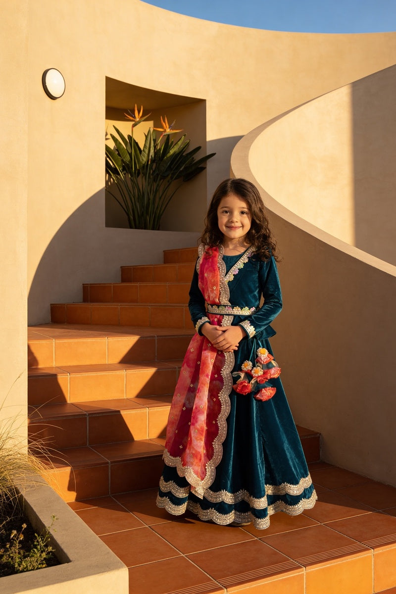 Teal Blue Velvet lehenga choli for Girls