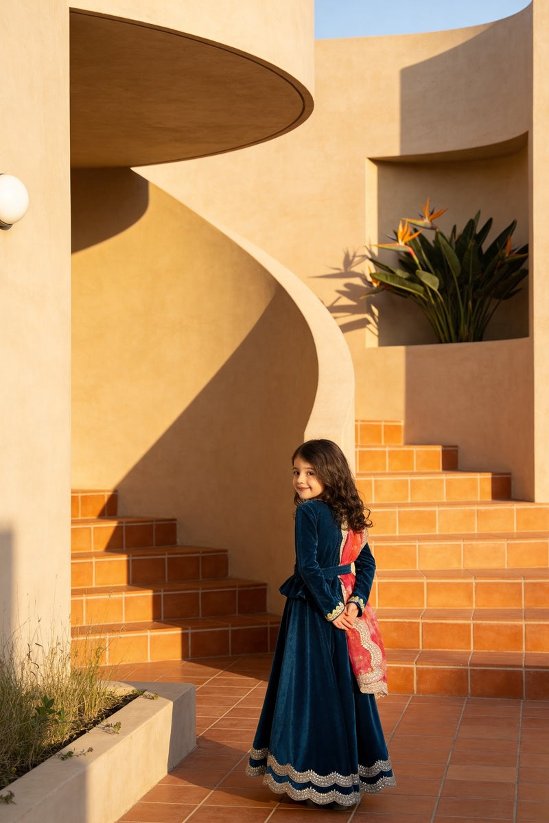 Teal Blue Velvet lehenga choli for Girls