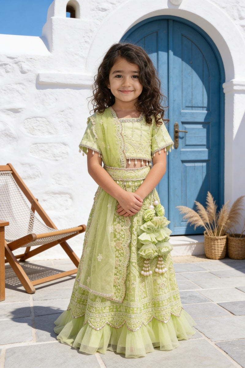 Green Thread Lehenga for Girls
