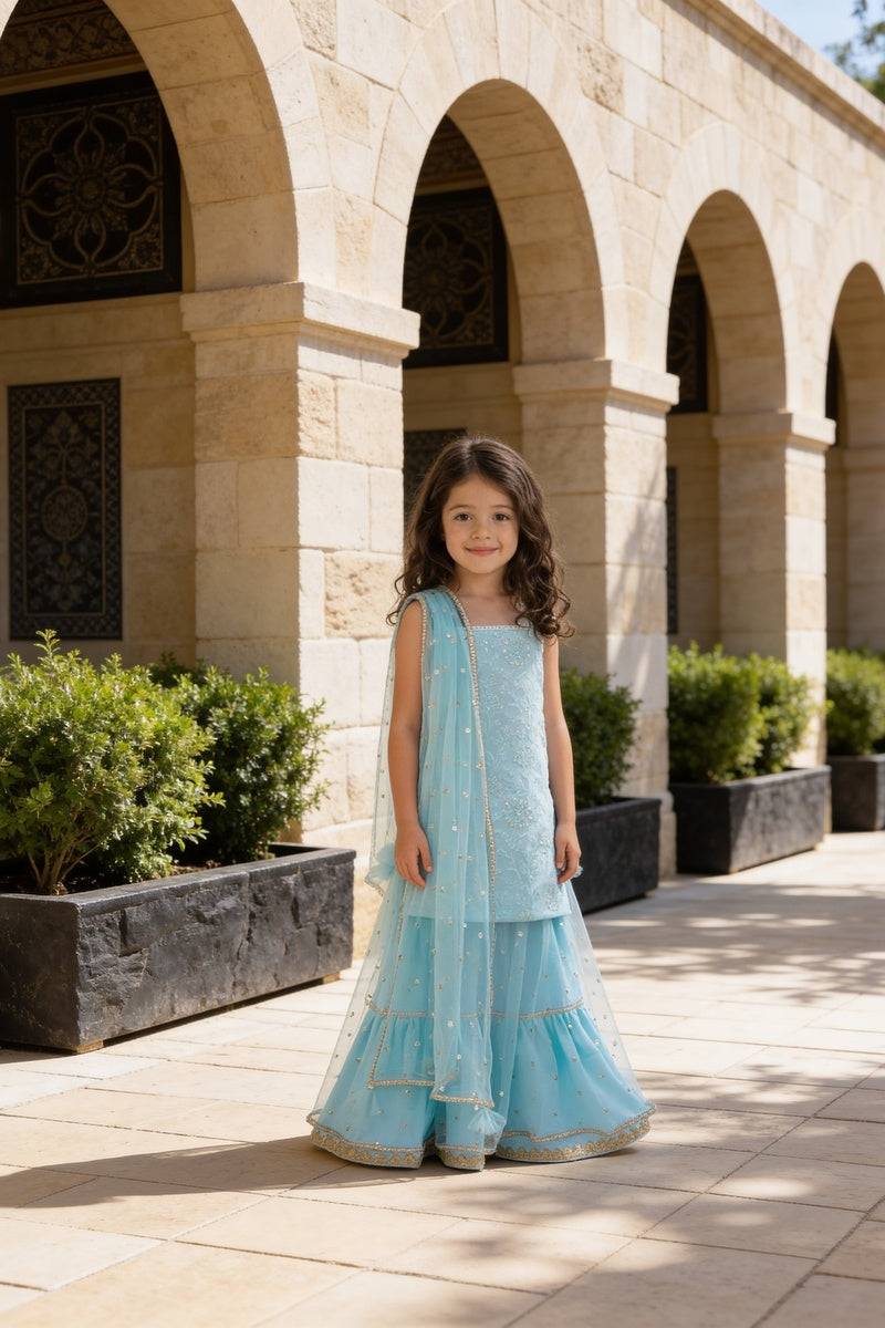 Blue Embroidered Kurti Lehenga Set