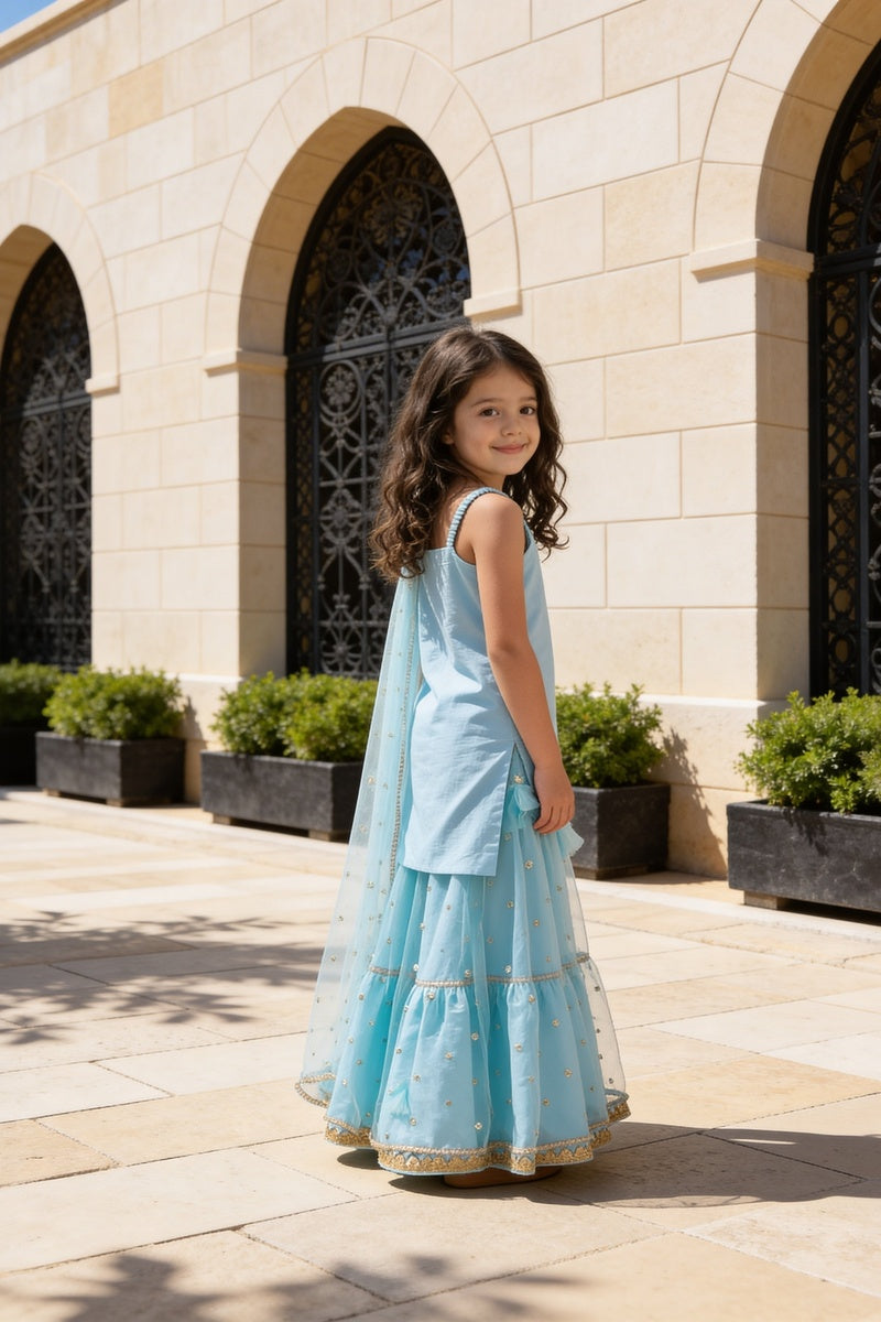 Blue Embroidered Kurti Lehenga Set