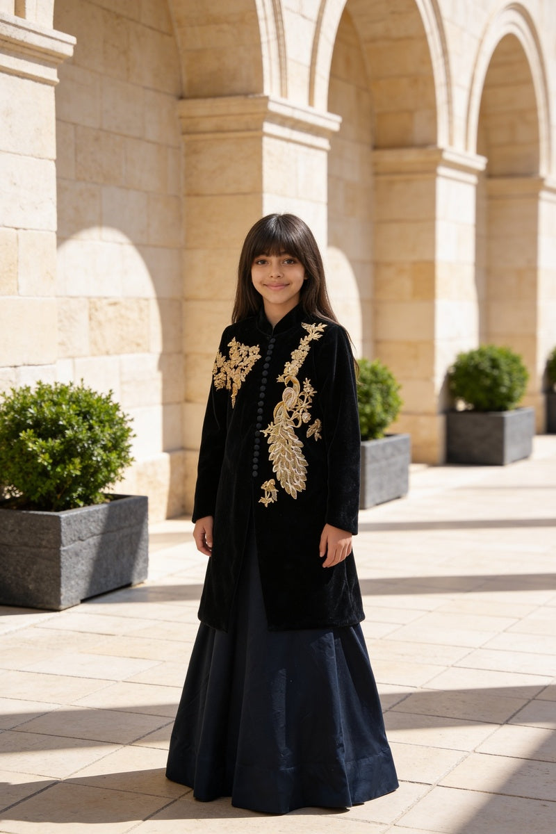 Black Embroidered Long Jacket with Lehenga