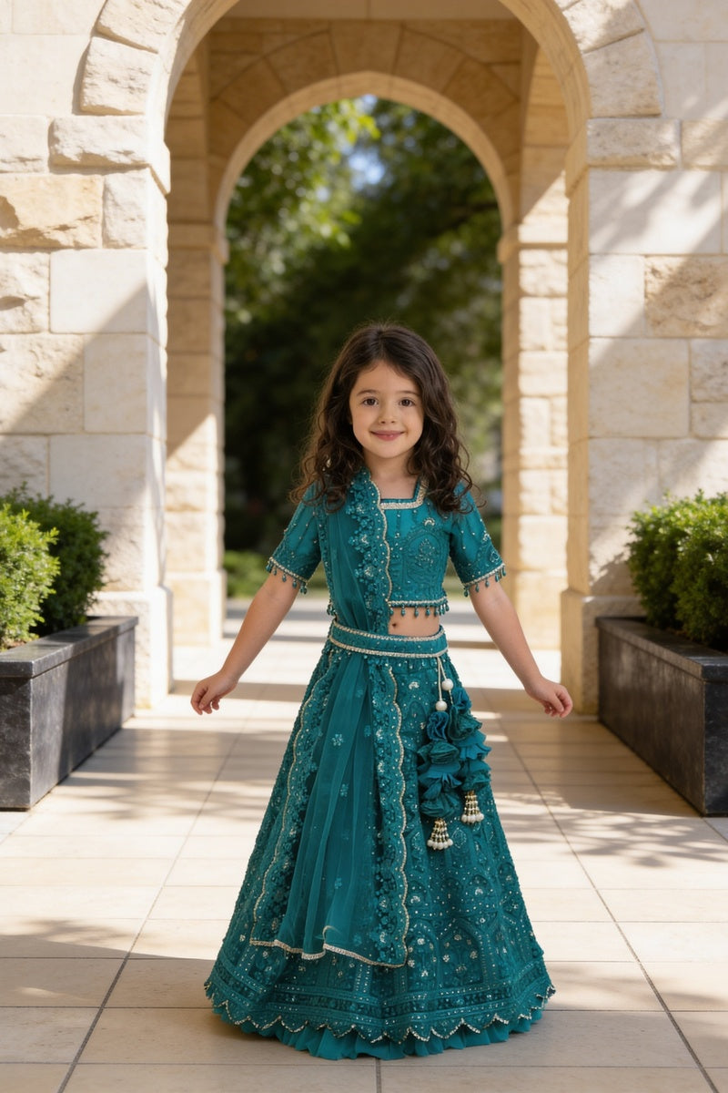 Green Thread Lehenga for Girls
