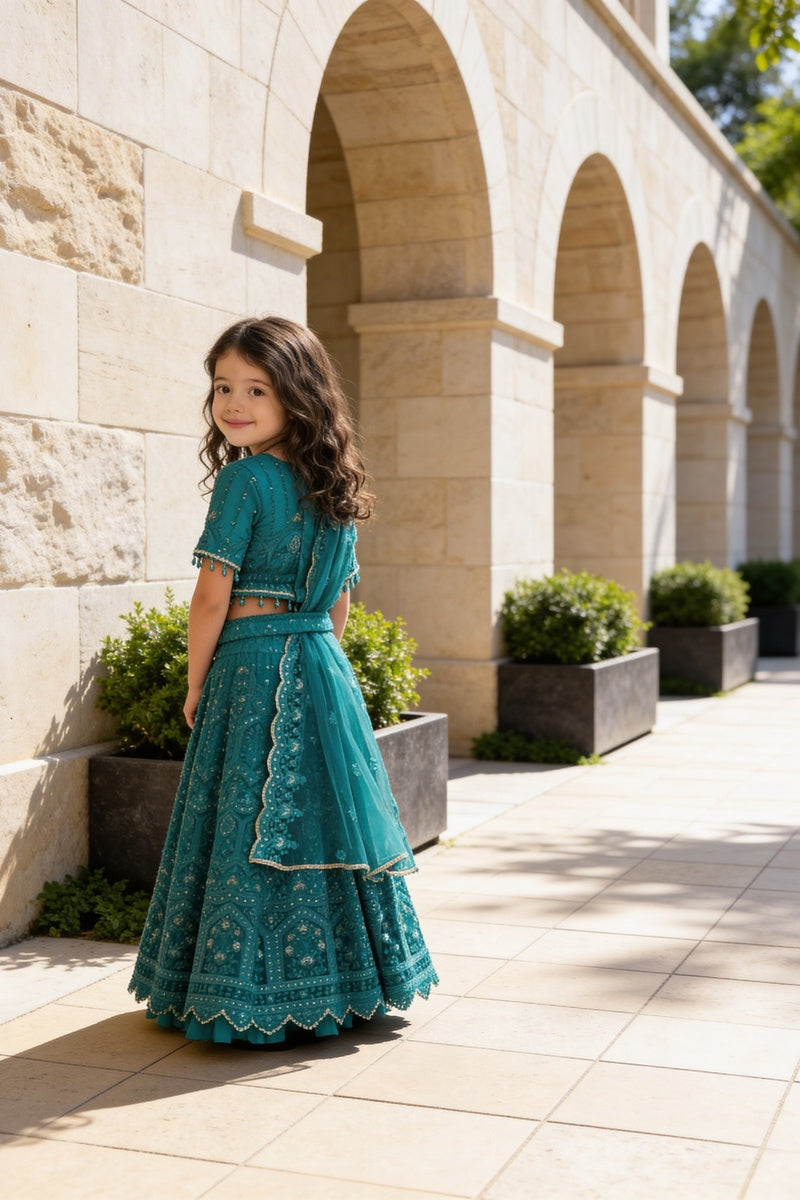 Green Thread Lehenga for Girls