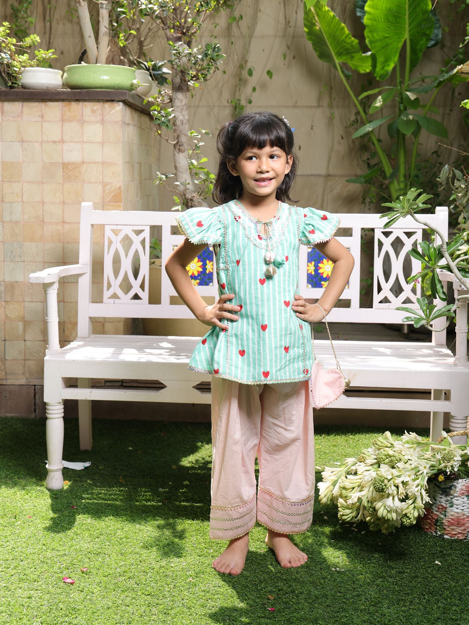 Green Printed Kurti with Peach Farshi Salwar