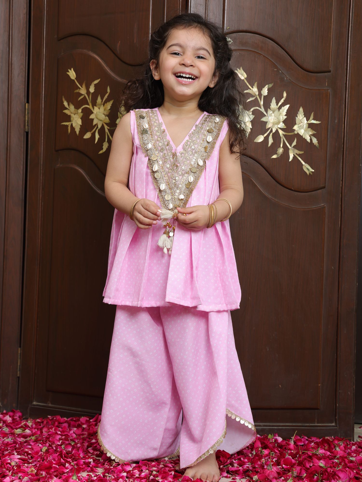 Baby Pink Bandhej Kurti with Sharara