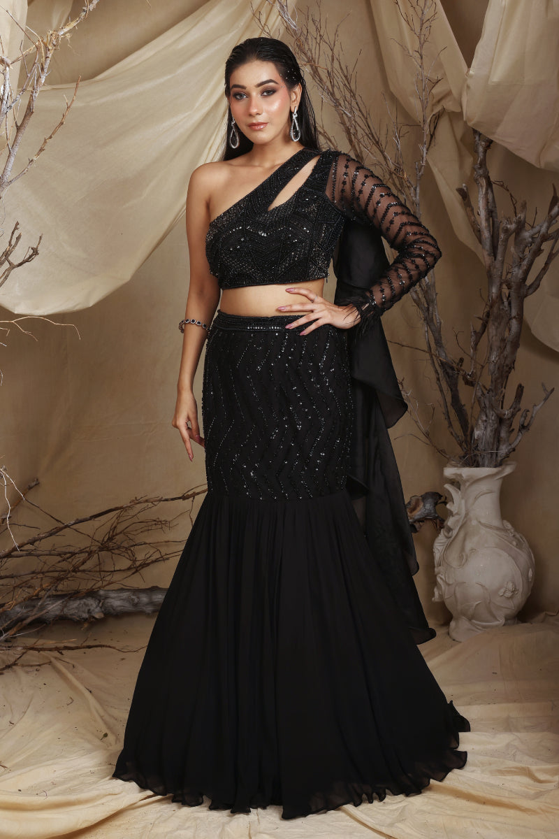 Black Mermaid Lehenga With One Shoulder Blouse