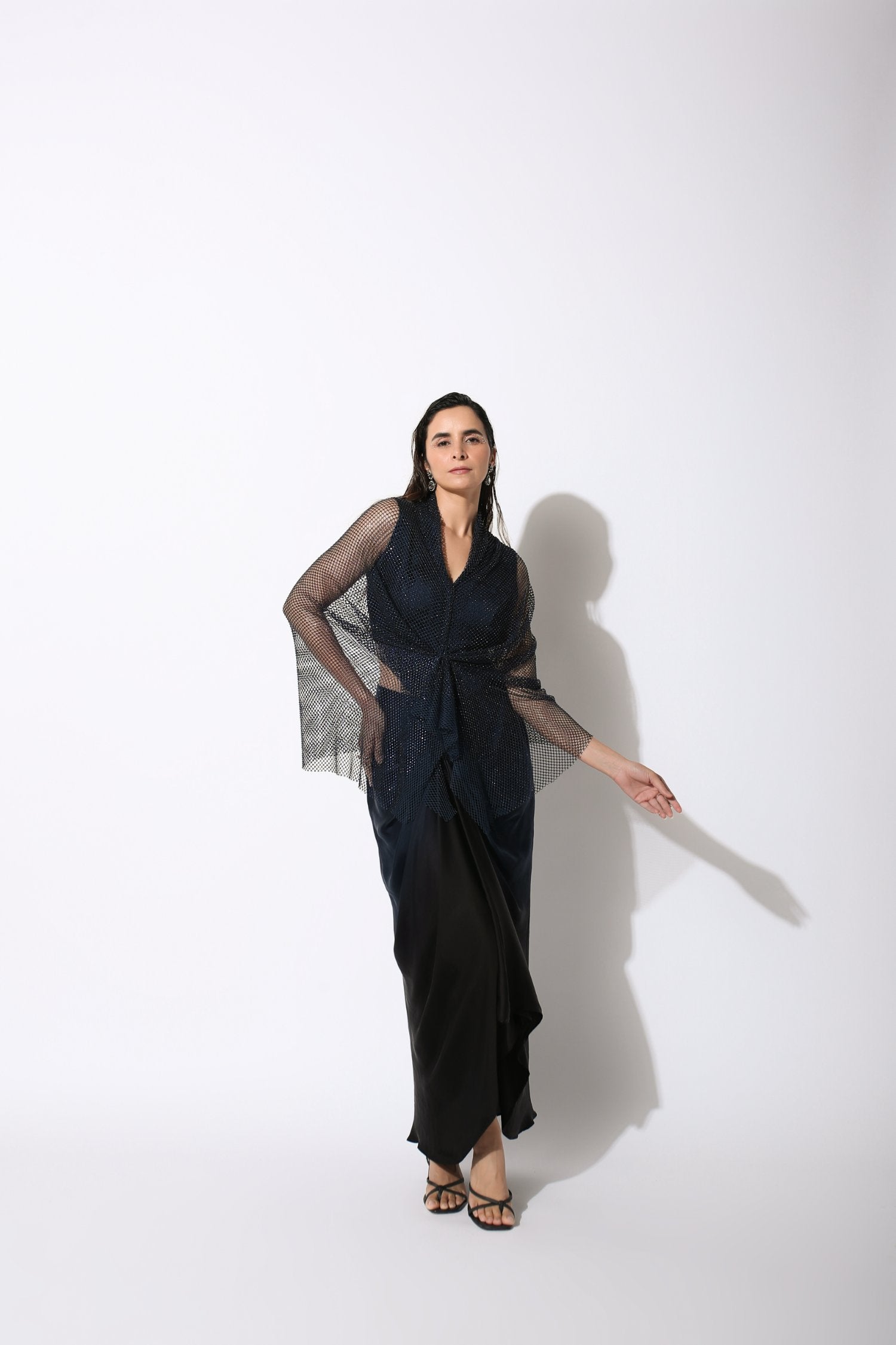 Rhinestone Cape With Drape Skirt In Midnight Blue