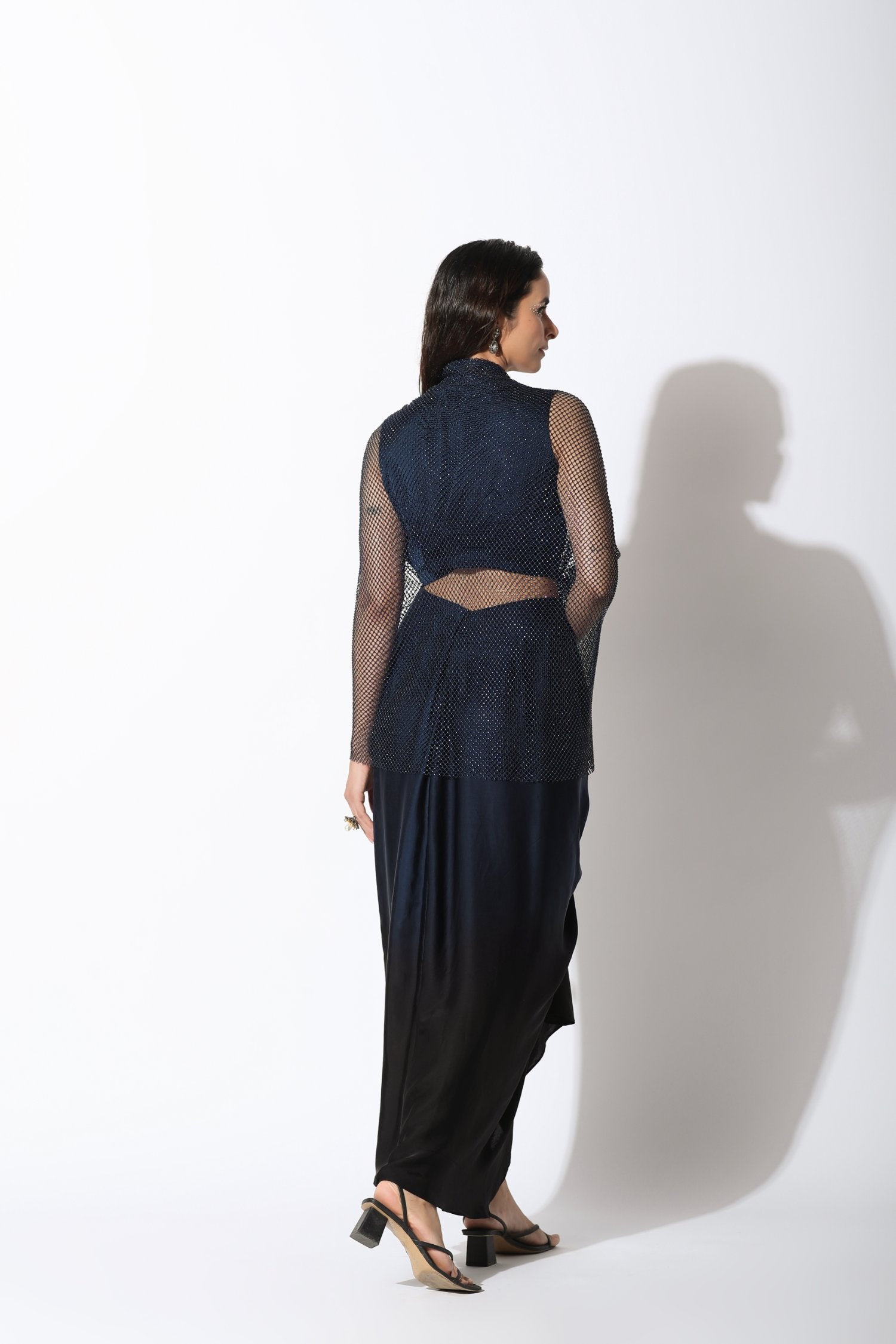 Rhinestone Cape With Drape Skirt In Midnight Blue