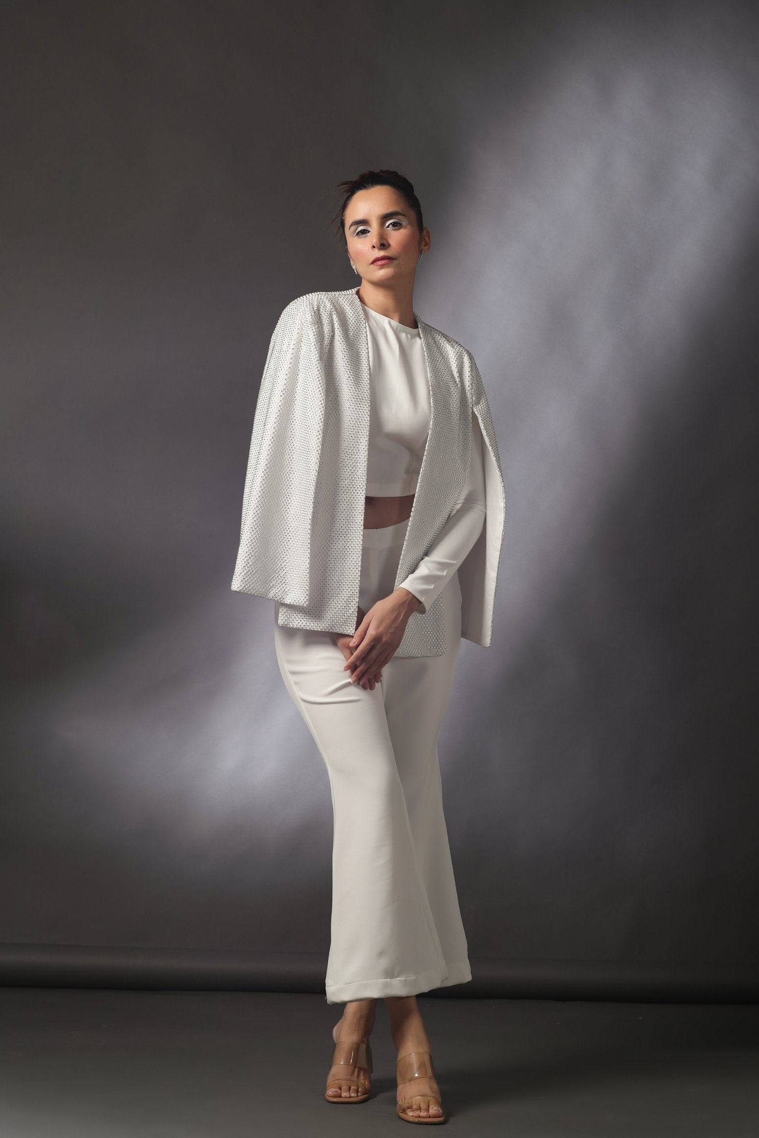 Rhinestone Cape In White With Pants