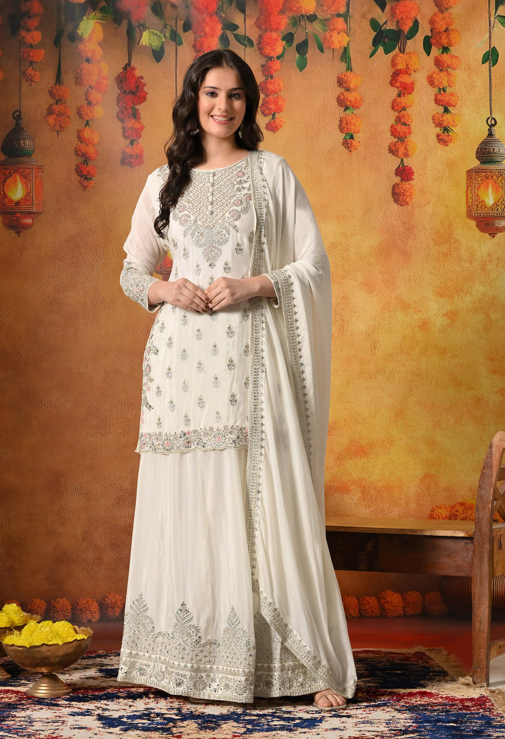 Golden Cream Lehenga Set