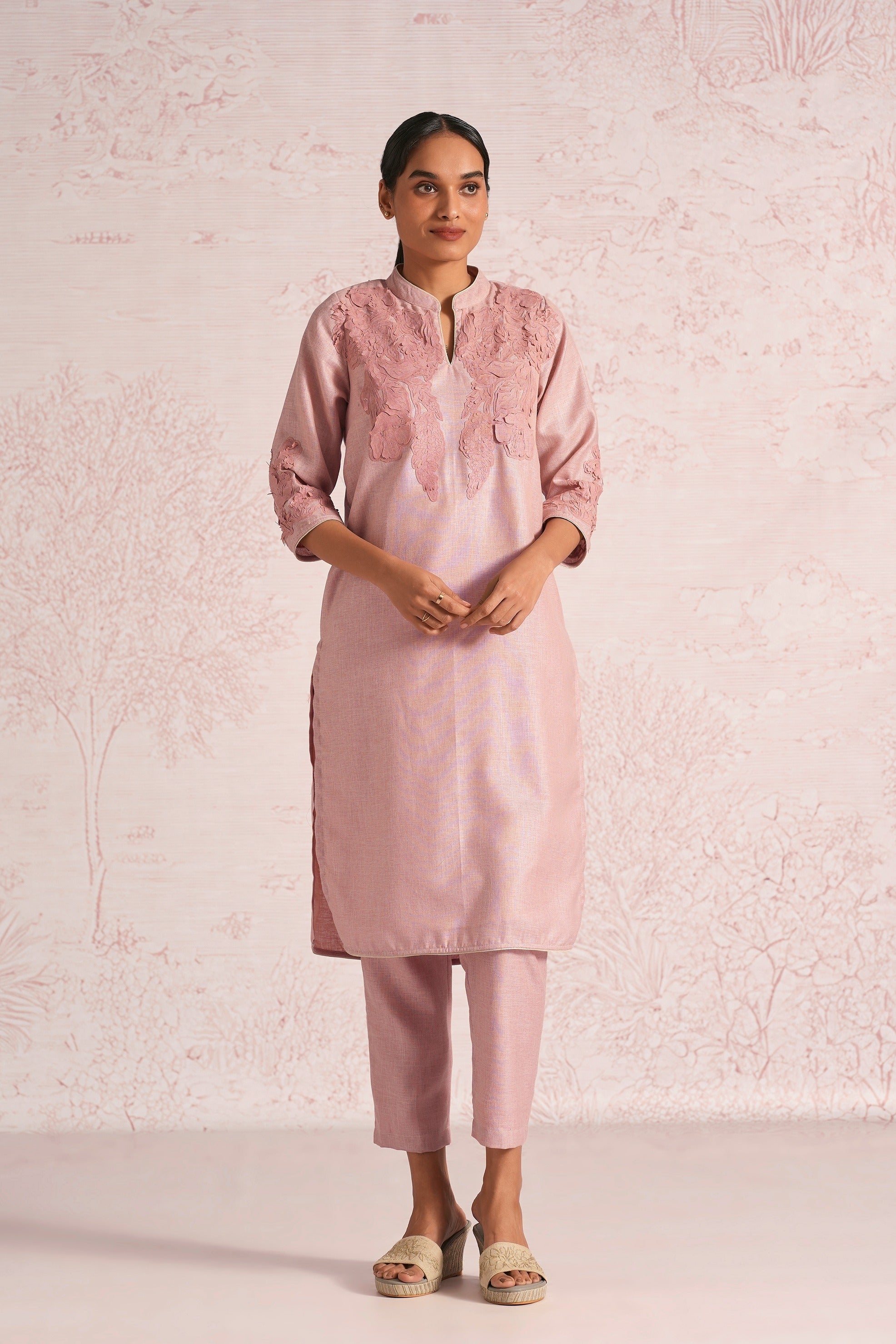 Floral Shadows Kurta Pant Set - Blush