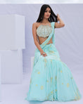 Load image into Gallery viewer, Blue Pre-Draped Ruffle Paisely Print Saree Set
