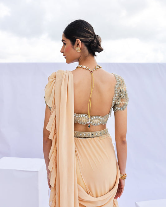 Gold Embroidered Pre-Draped Ruffle Saree Set