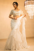 Load image into Gallery viewer, White Organza Pre-Draped Ruffle Saree Set with Belt
