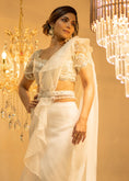 Load image into Gallery viewer, White Organza Pre-Draped Ruffle Saree Set with Belt
