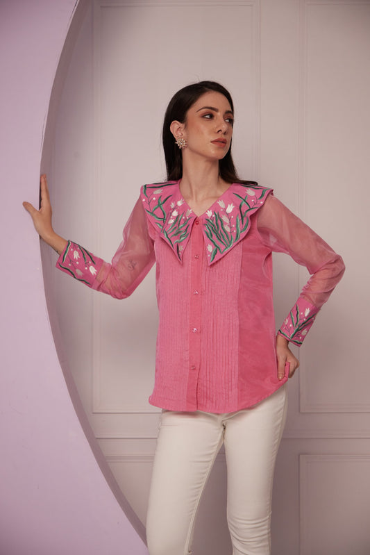 Pink Embroidered Pleated Shirt