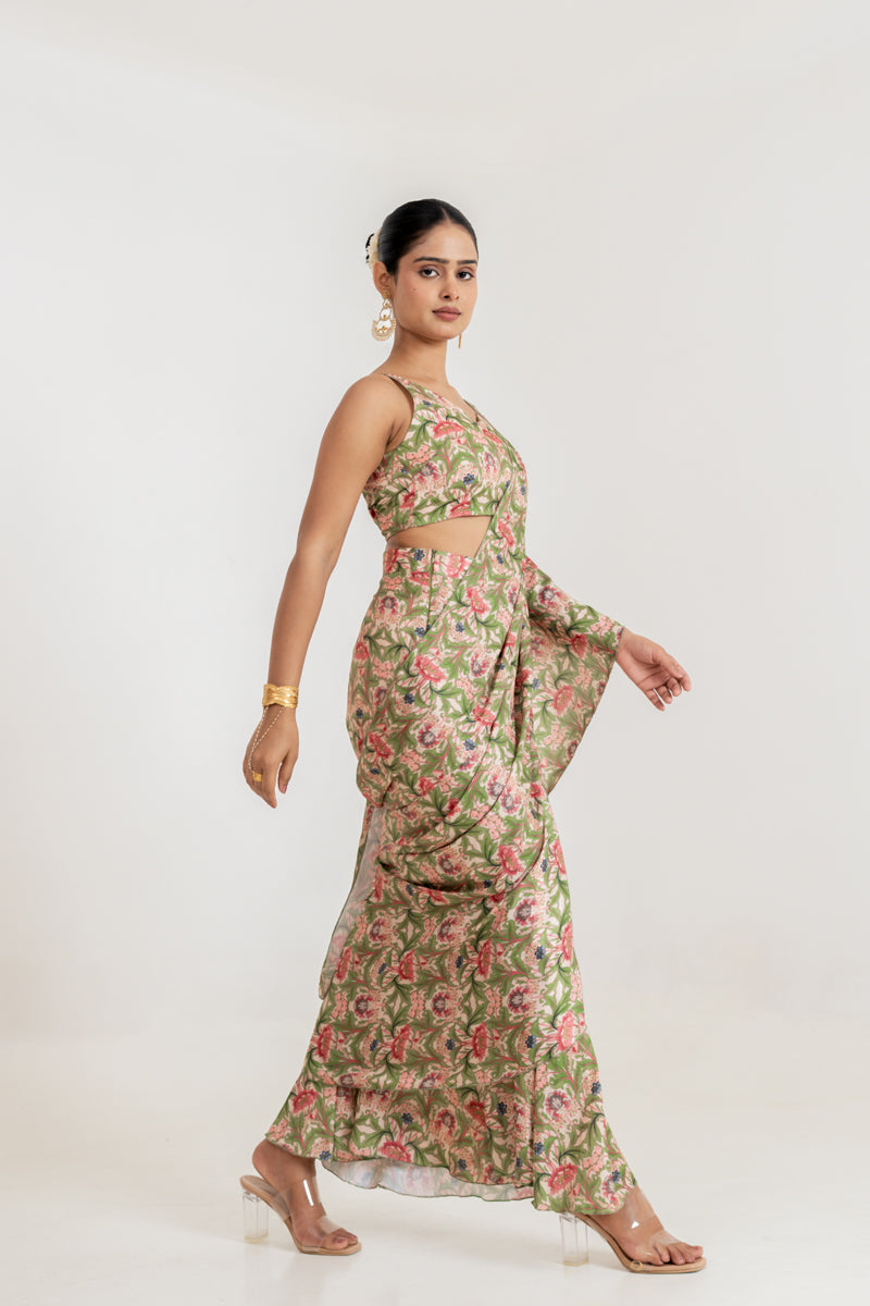Regal Green Tiered Saree Set
