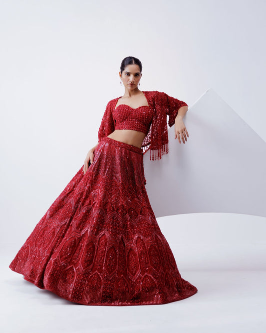 Red Embroidered Lehenga With Jacket