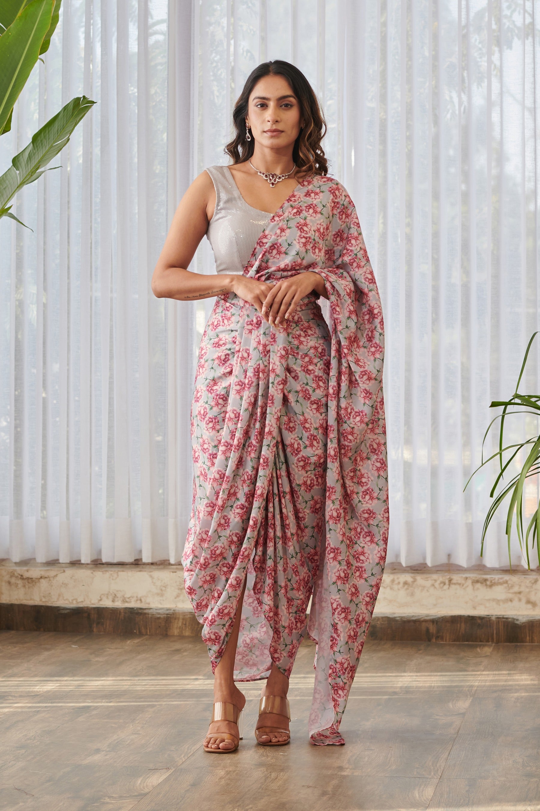 Pale Grey Lungi Saree Set