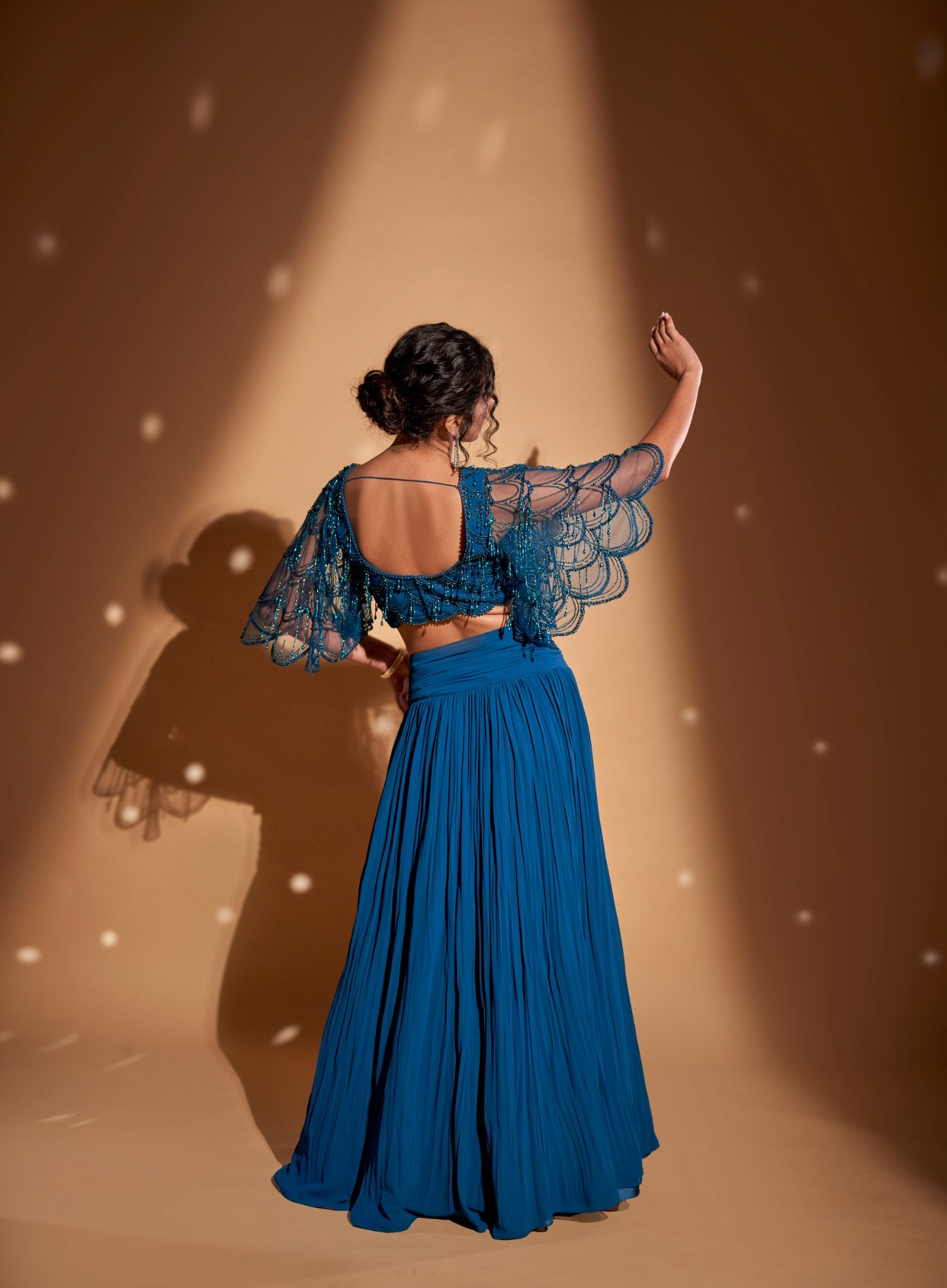 Gathered Waist Long Skirt Embroidered Bustier With Bell Sleeves