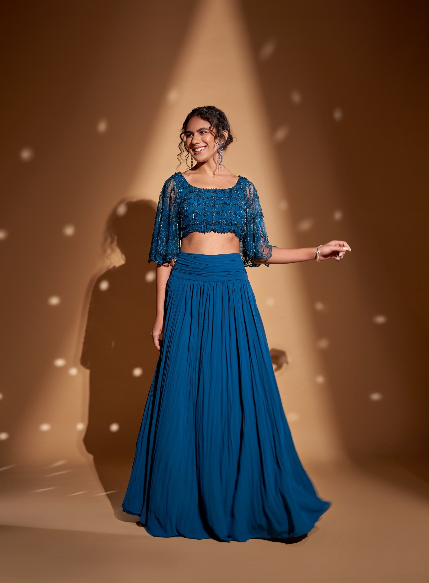 Gathered Waist Long Skirt Embroidered Bustier With Bell Sleeves