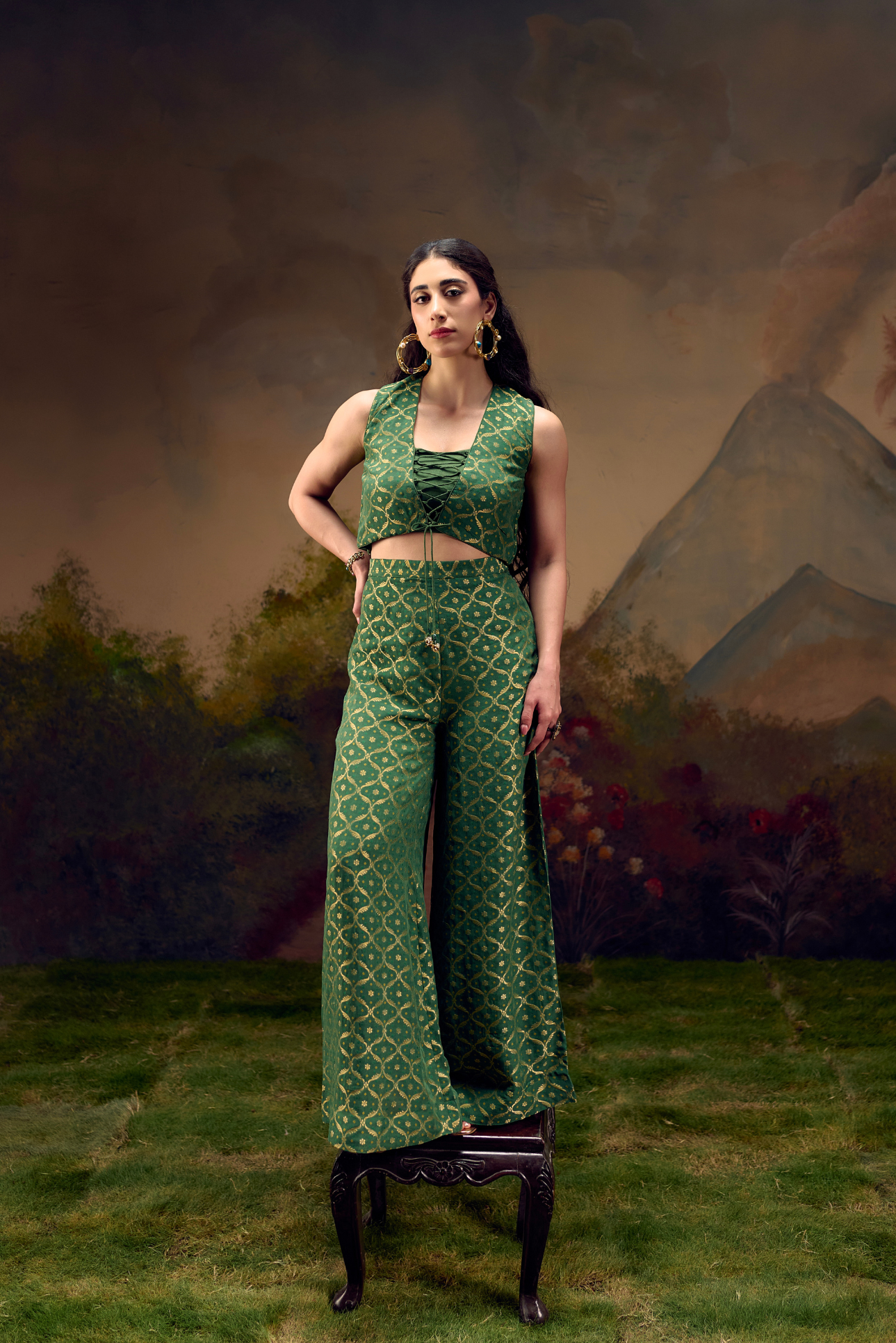 Naad Yuva - Green Palazzo Set with Tie up Jacket