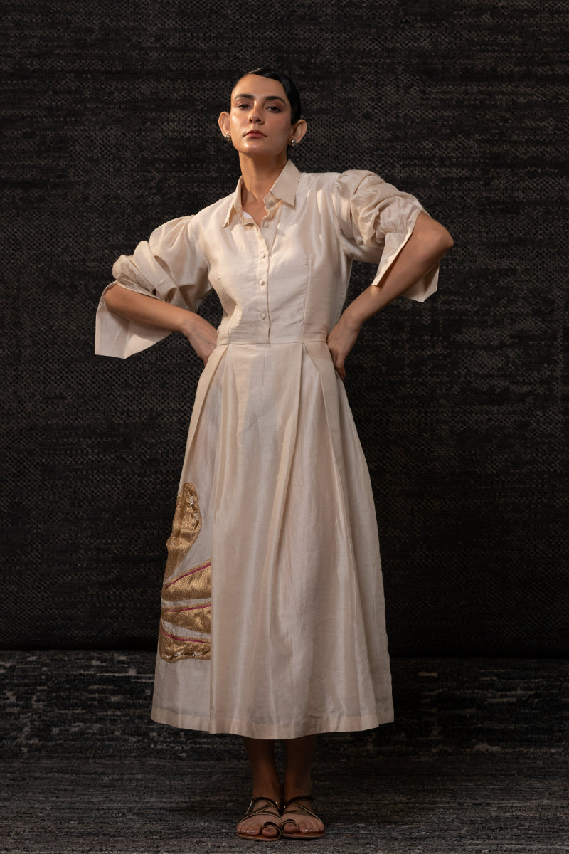 Gulnaar Floral Pleated Dress-Ivory