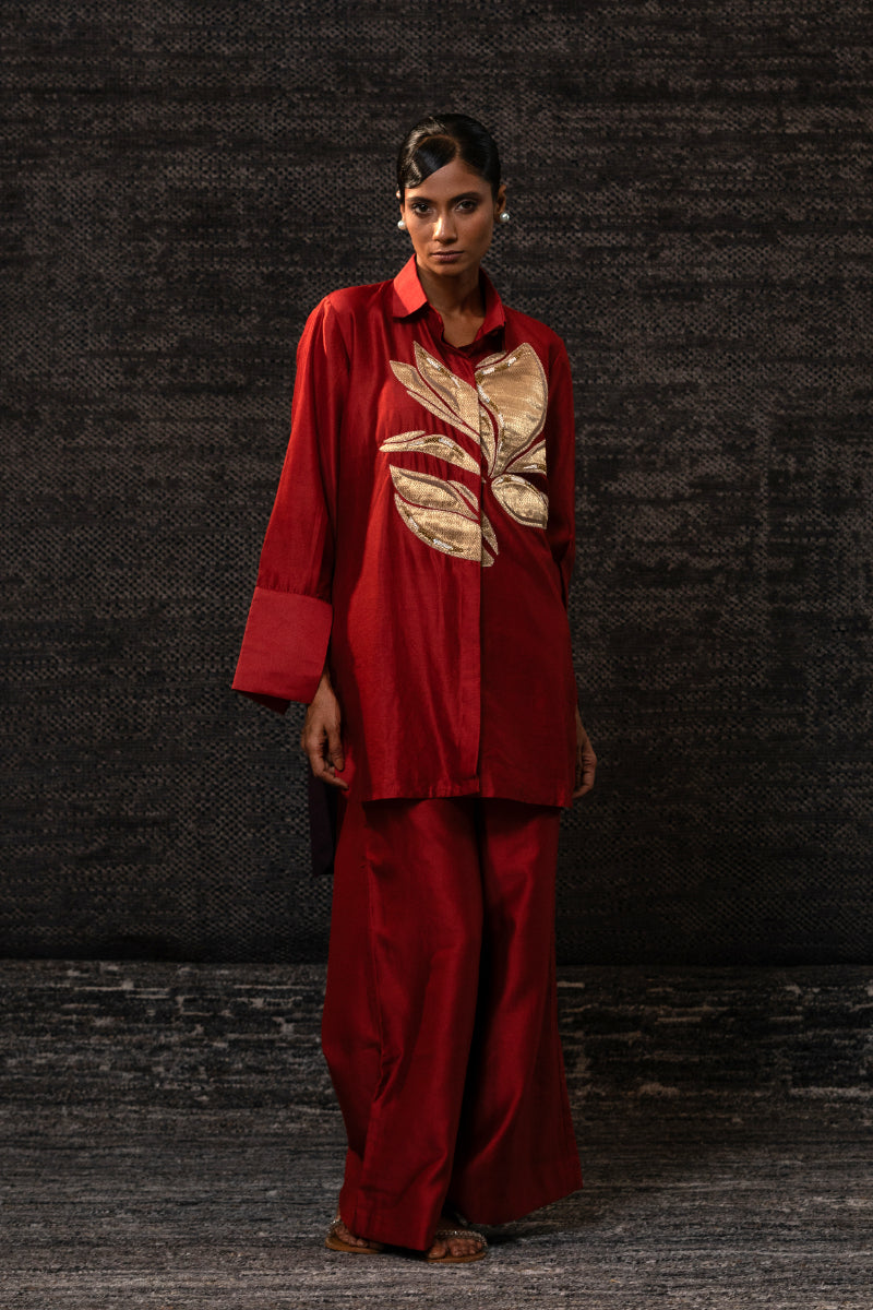 Gulnaar Leaf Co-ord Set-Red