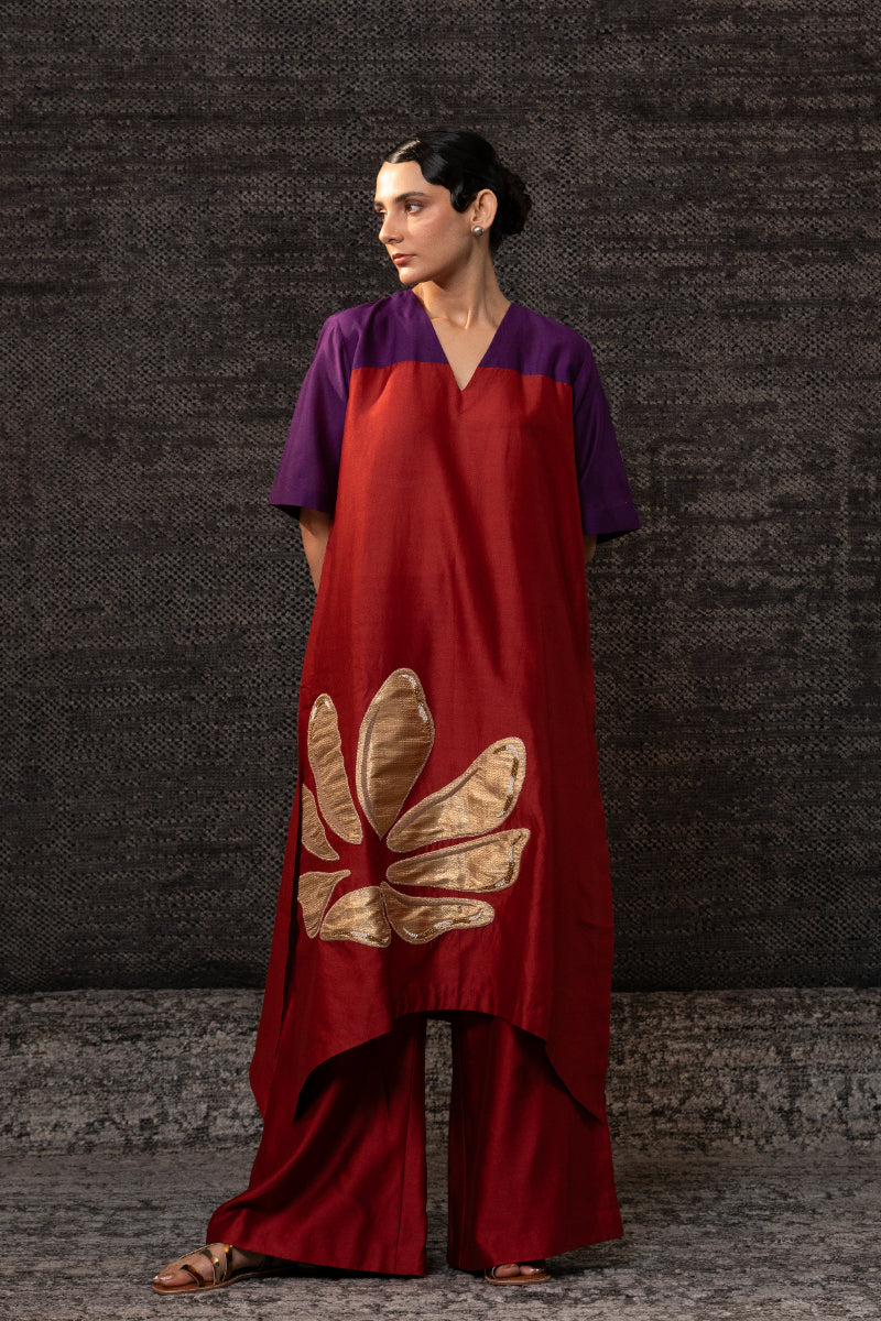 Gulnaar Long KurtaSet-Purple Red