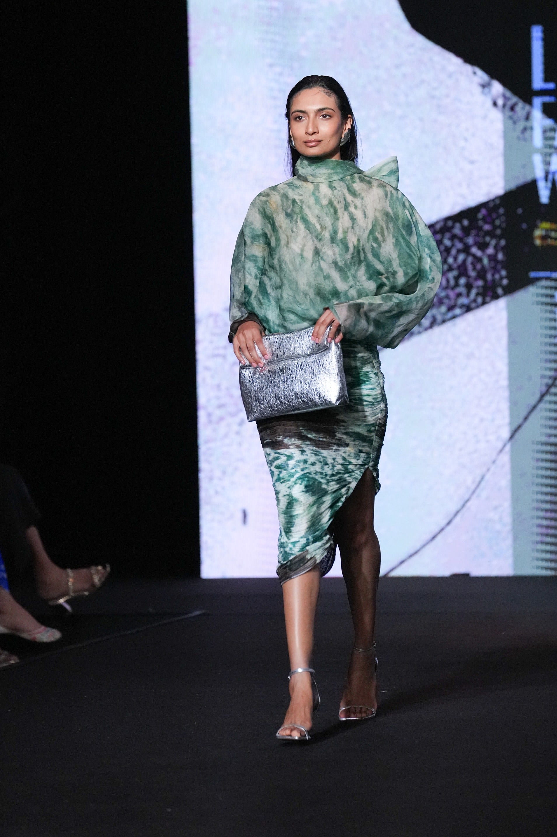 Printed Organza Top With Ruching Skirt