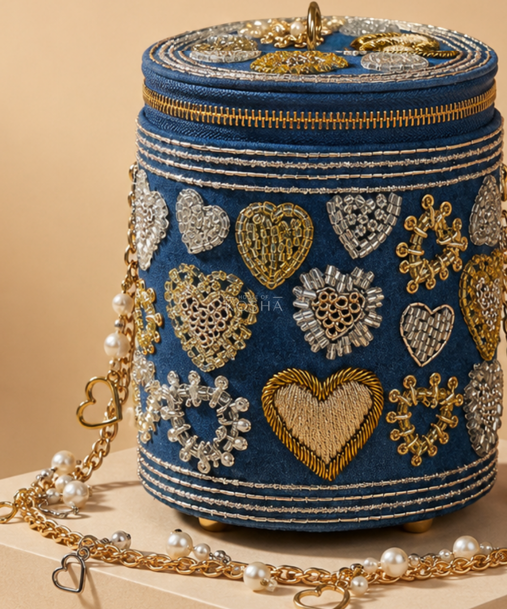 Alizeh Gold & Silver Denim Embroidered Cylinder Mini Bag
