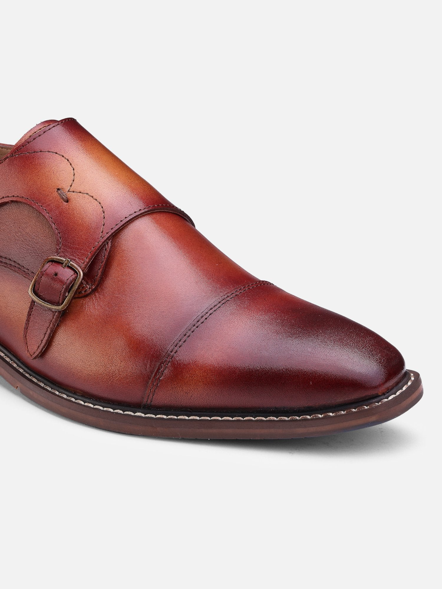 Hats Off Accessories Luxe Tan Burnish Leather Double Monks With Stitch Detailing