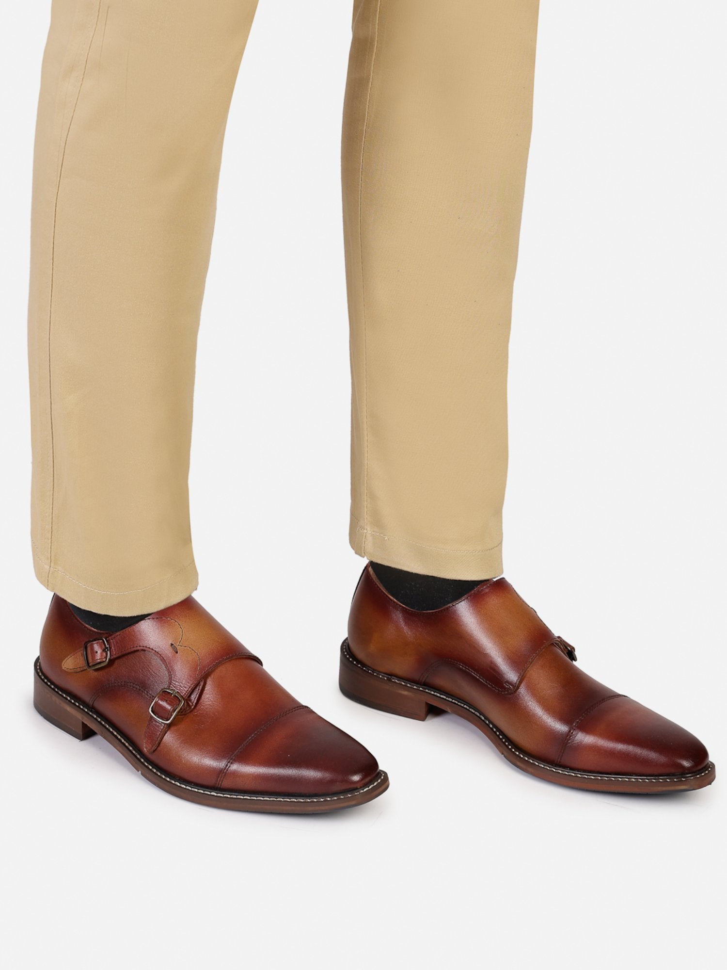 Hats Off Accessories Luxe Tan Burnish Leather Double Monks With Stitch Detailing