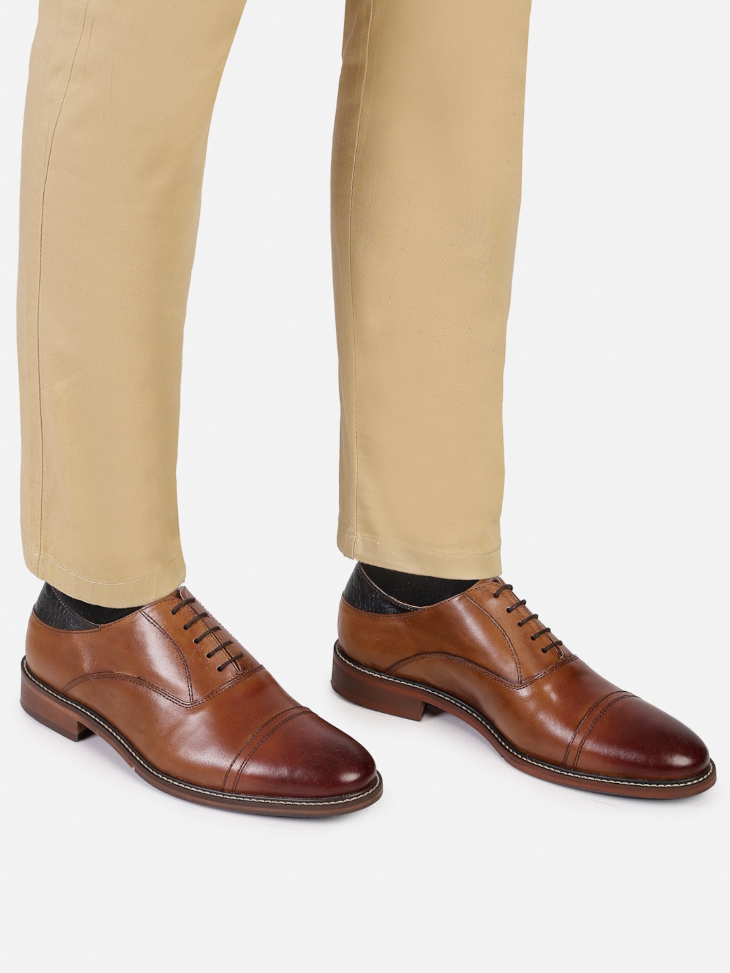 Hats Off Accessories Luxe Cognac Genuine Leather Tan Oxford Shoes For Men With Embossing