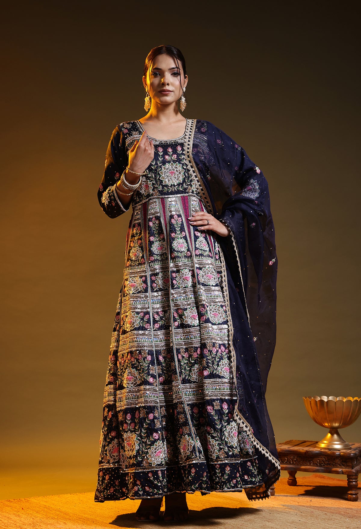 Blue Zardozi Embroidered Silk Anarkali Set