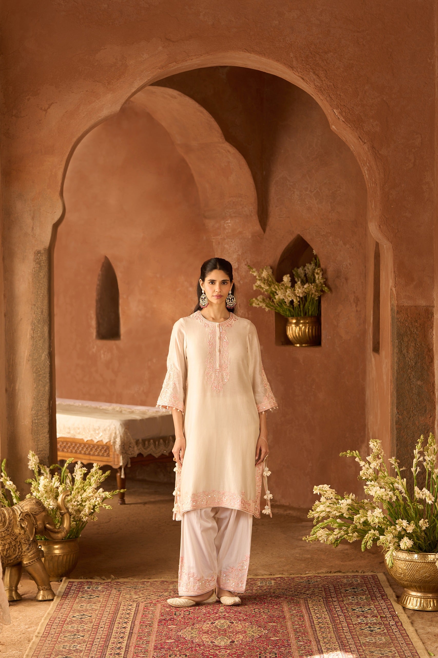 HANI - DAISY IVORY WITH PINK A-LINE KURTA WITH SALWAR AND DUPATTA