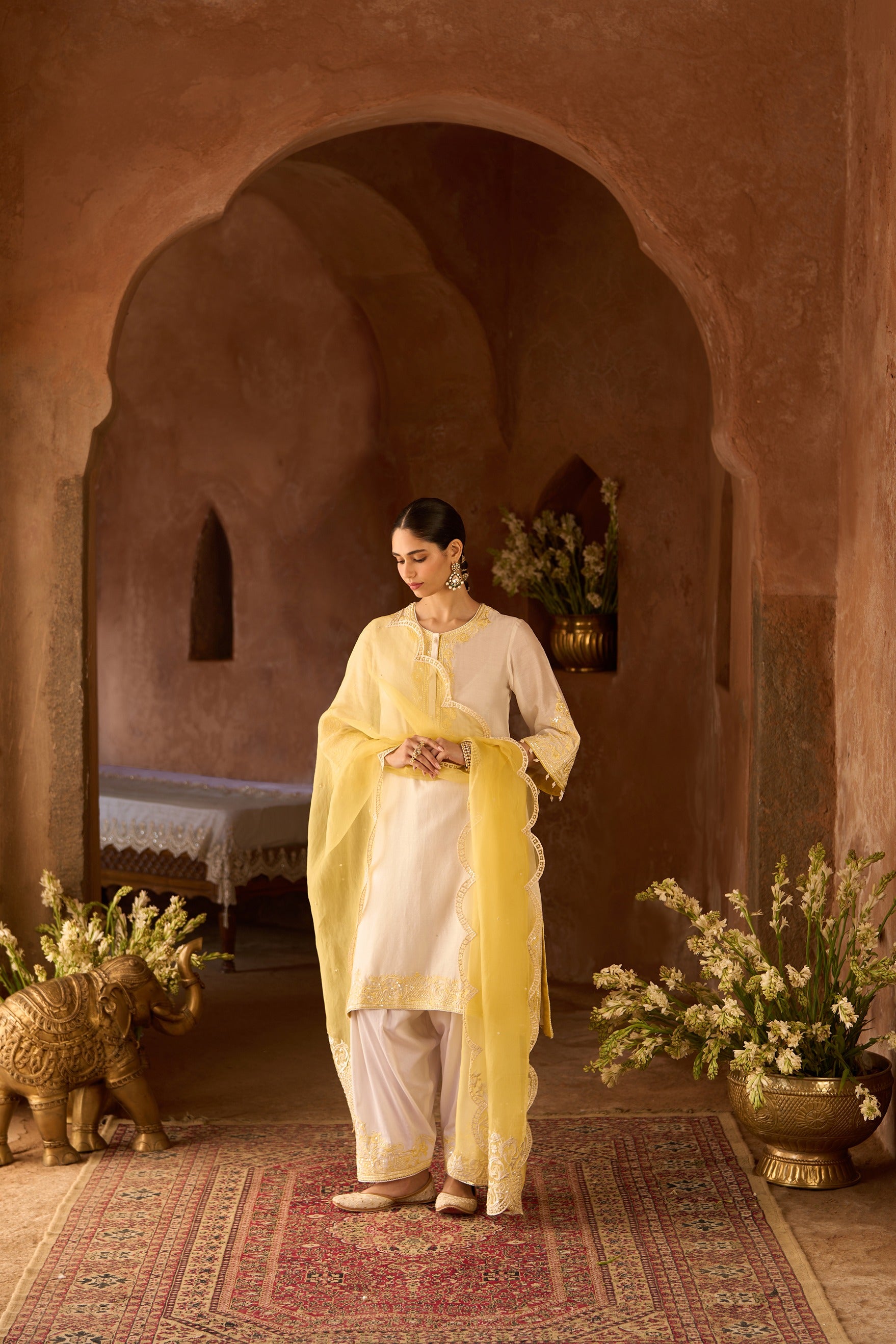 HANI - DAISY IVORY WITH LEMON YELLOW A-LINE KURTA WITH SALWAR AND DUPATTA