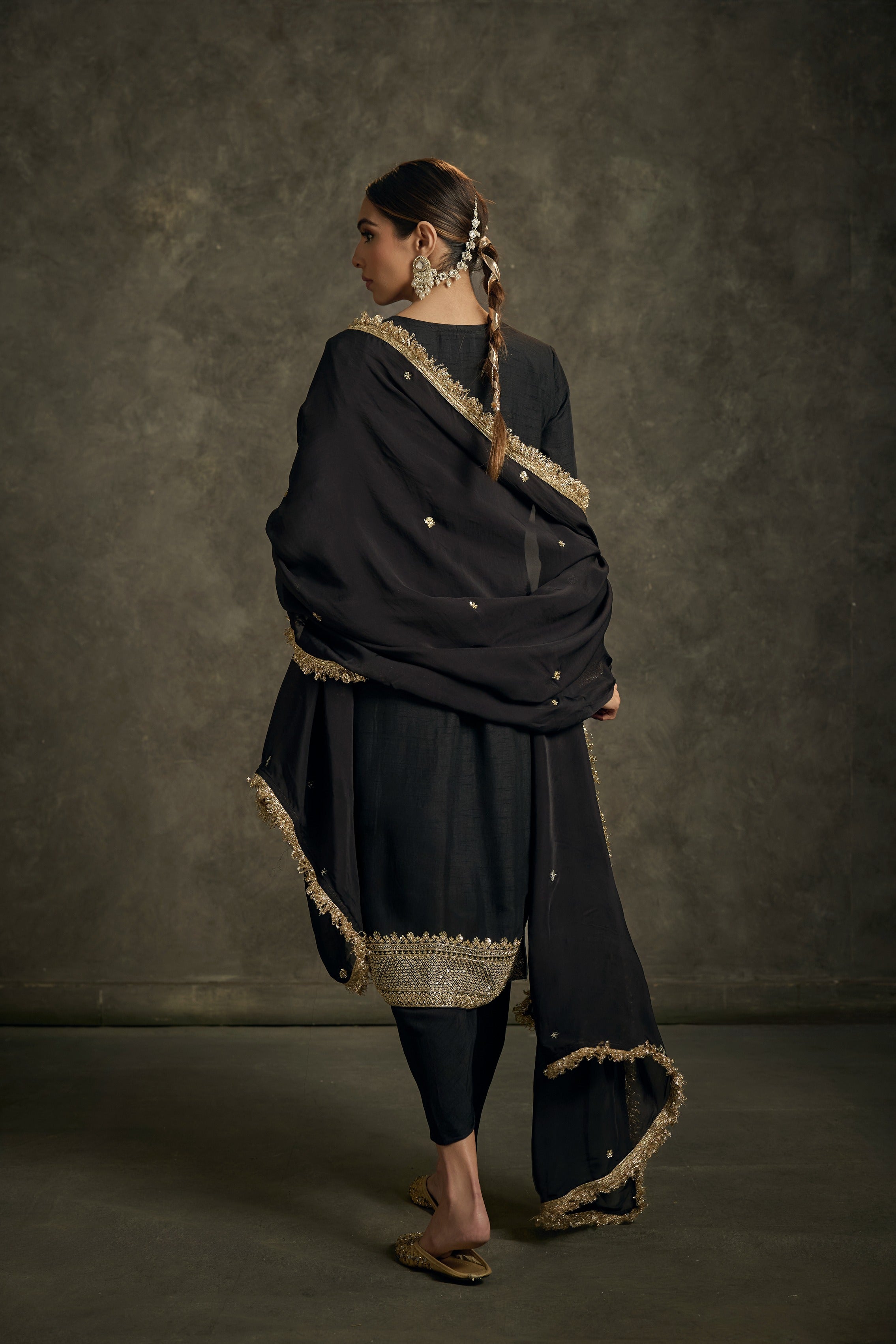 Saanjh -High- Low Black Zardozi Kurta Salwaar Set with Embroidered Dupatta